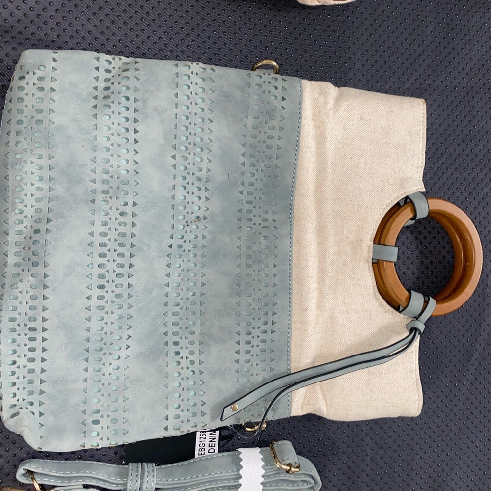 Urban Expressions Cream and Blue Tote Bag with Silver Accents